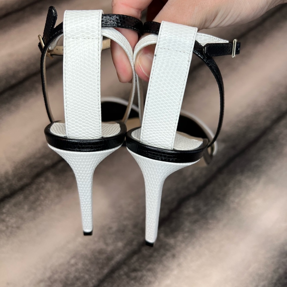 Jimmy Choo Minny 85 mm Lizard Mini Printed Leather Black White Mix Sandal Heels - Picture 4 of 12